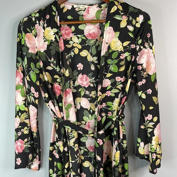 BLEUH CIEL Floral Kimono Style Open Tied Robe Satin Side Slits Size S - Picture 3 of 12